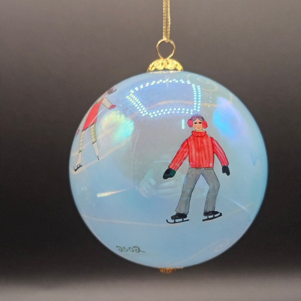 Vintage 2002 Pier 1 Hand Painted Glass Ice Skating Ornament Li Bien Style Blue - Picture 2 of 10